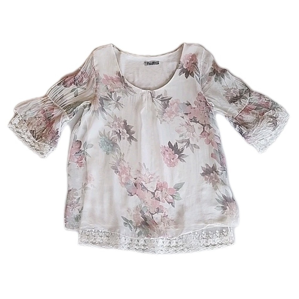 VTG Womens Silk Top S Pastel Pink Floral Bell Sleeve Lined Fairy Soft Cottage